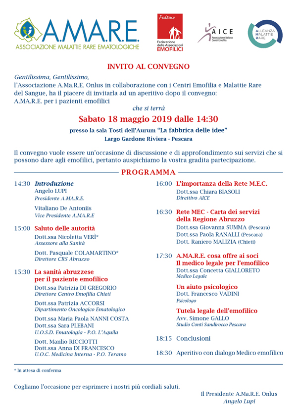 A.MA.R.E. per i pazienti emofilici - 18 maggio 2019 Ex Aurum Pescara