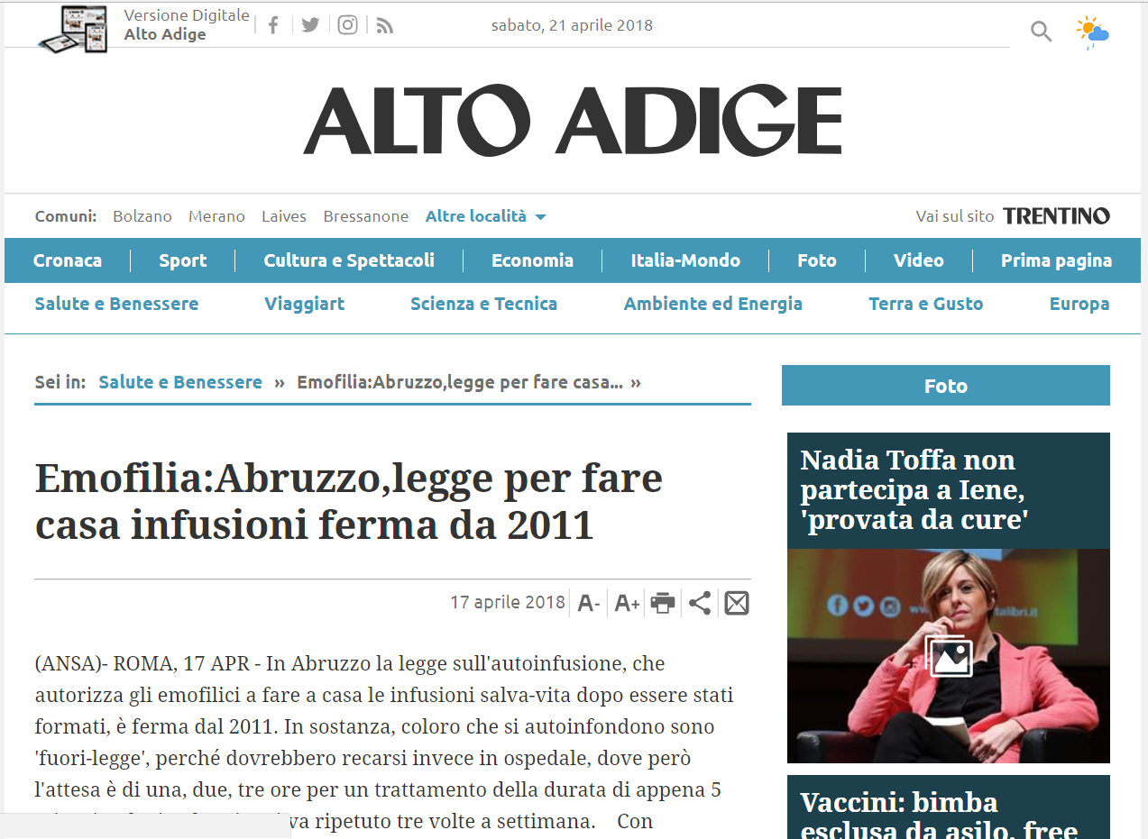 Emofilia:Abruzzo,legge per fare casa infusioni ferma da 2011