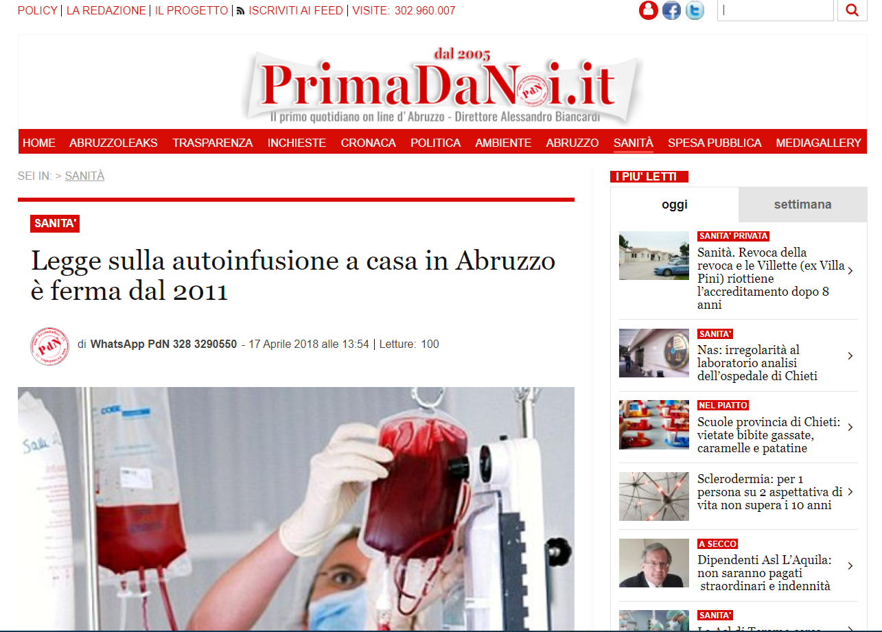 Legge sulla autoinfusione a casa in Abruzzo è ferma dal 2011